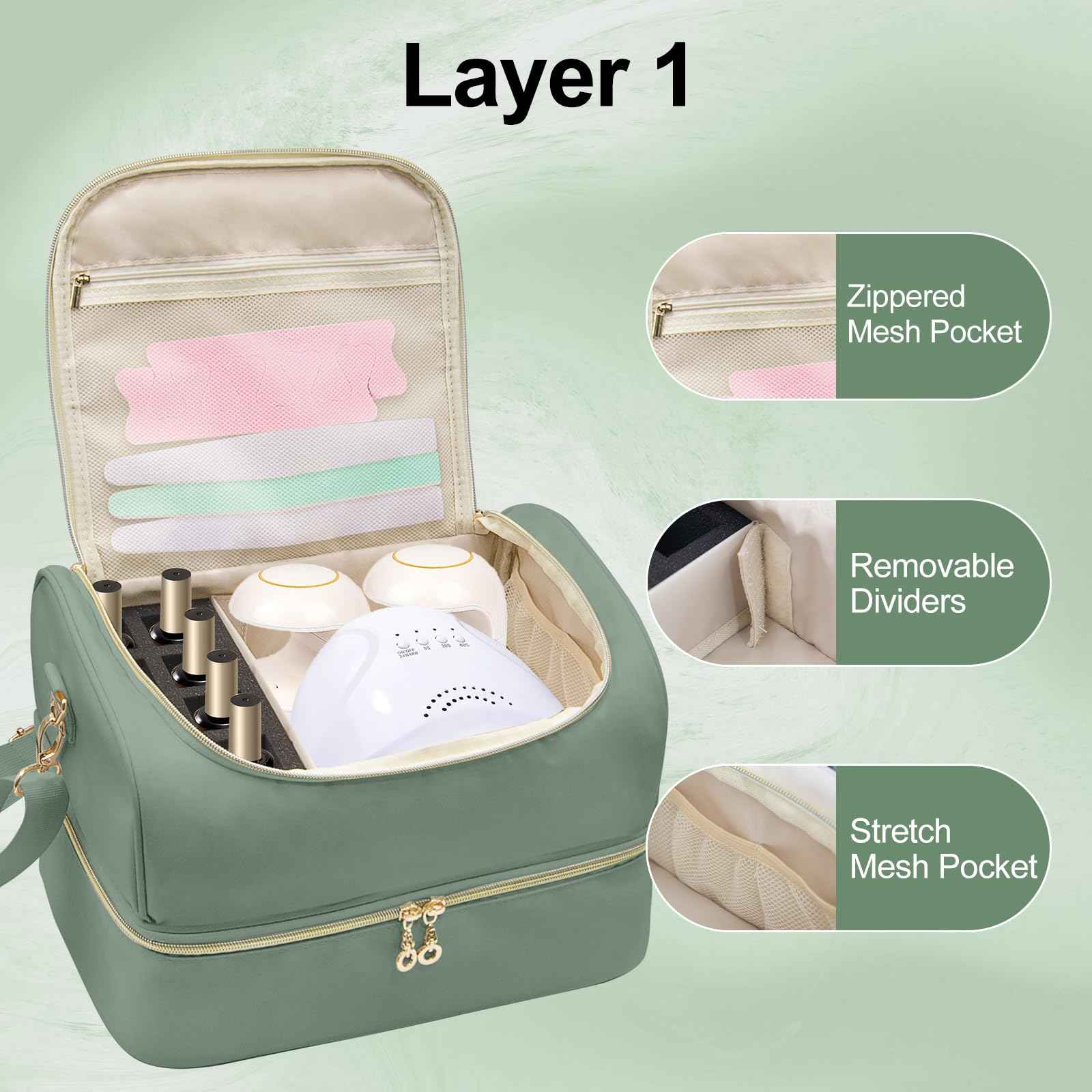 SXS LACONIC Nail Polish Organizer Case,Double Layer Nail Supplies Organizer Bag Storage Box Holds Up to 45 Bottles of Nail Polish and Nail Lamp