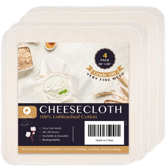 Cheese Cloths for Straining, Grade 100, 20 x 20inch 4 Pack, Hemmed Cheesecloth for Cooking, 100% Combed Unbleached Cotton Cheese Cloth