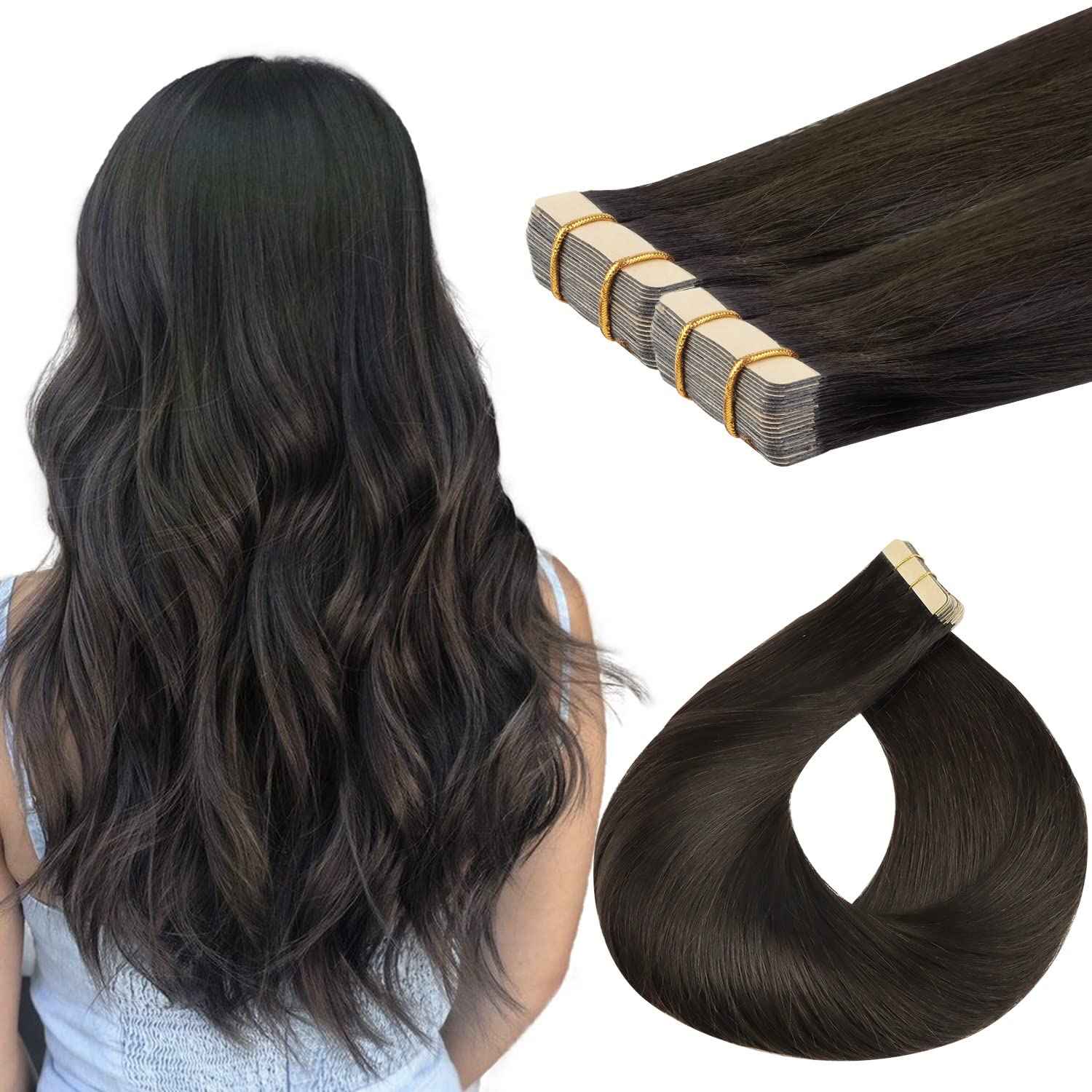 Lashey Tape in Hair Extensions Human Hair, 14 inch Dark Brown Straight Remy Hair Extensions Tape in 20pcs 50g
