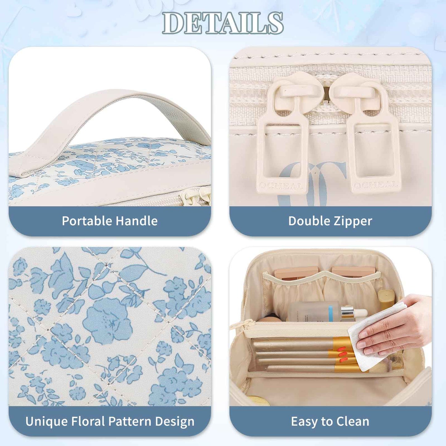 Travel Makeup Bag Organizer Cosmetic Bag, 2Pcs Floral Make up Bag Portable Pouch Open Flat Pouch Clear Divider and Handle