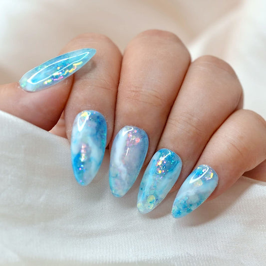 10 Pcs Handmade Press on Nails (Small, Blue And White Liquid Opal Geode/Almond) A041S