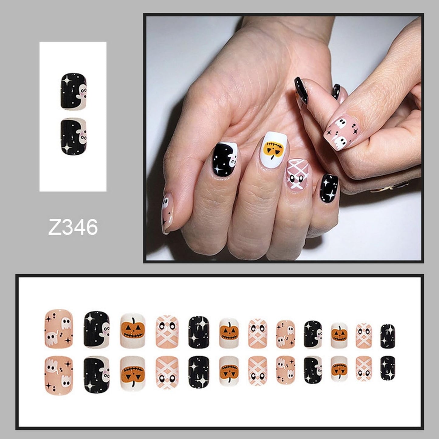 Halloween Press on Nails Short Square Fake Nails with Glue Cute Eye Stars Ghost Pumpkin False Nails Coffin Nail Tips Acrylic Artificial Glue Stick on Nails for Women Party Gift24pcs