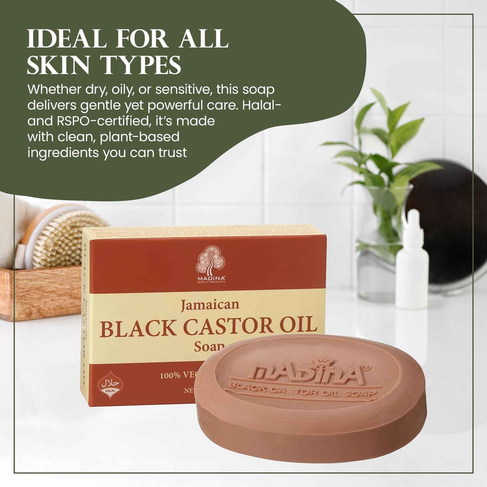 Madina Jamaican Black Castor Oil Soap Bar – Deep Moisturizing, Hydrating, 100% Vegetable-Based, Halal & RSPO Certified, Gentle Cleanser for All Skin Types, 6 Pack (3.5 oz Each)