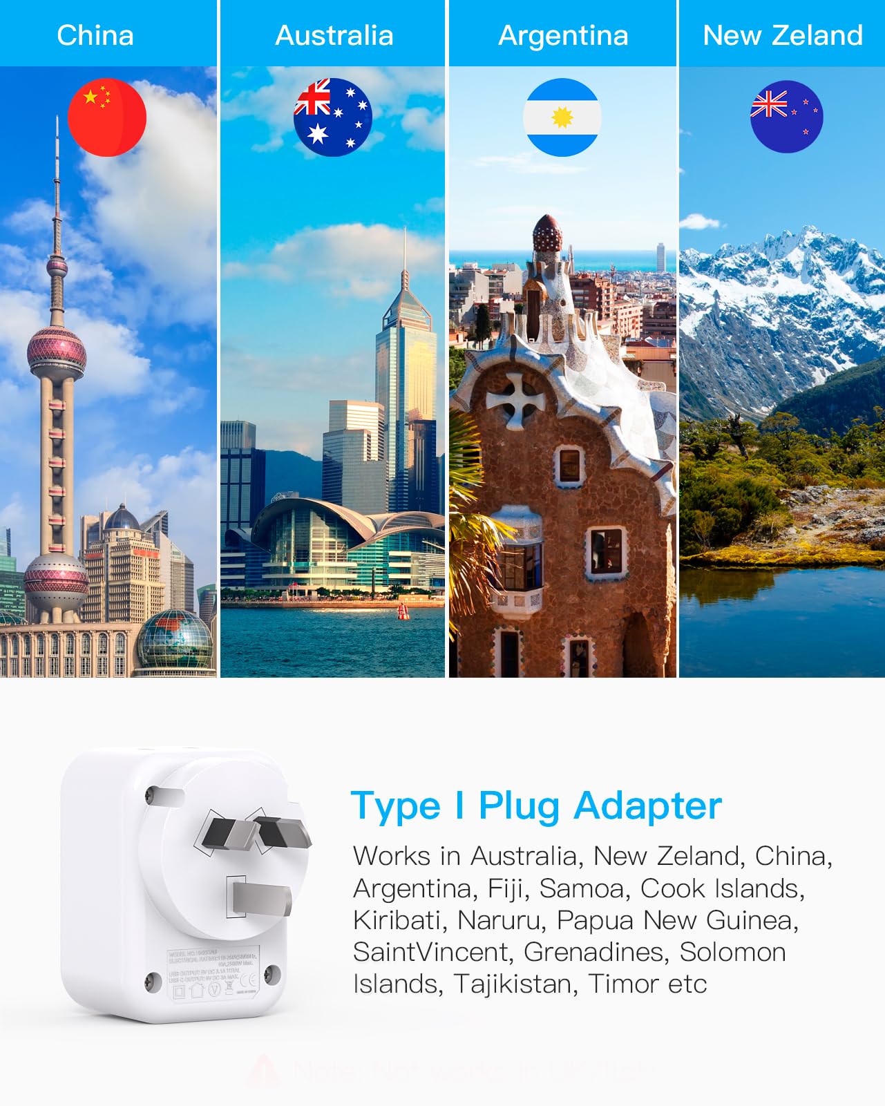 US to Australia New Zealand Power Plug Adapter, Australia Travel Adapter with 2 Outlets 3 USB Ports(2 USB C), Type I Plug Adapter for USA to Australian AU China Argentina Fiji, 2 Pack