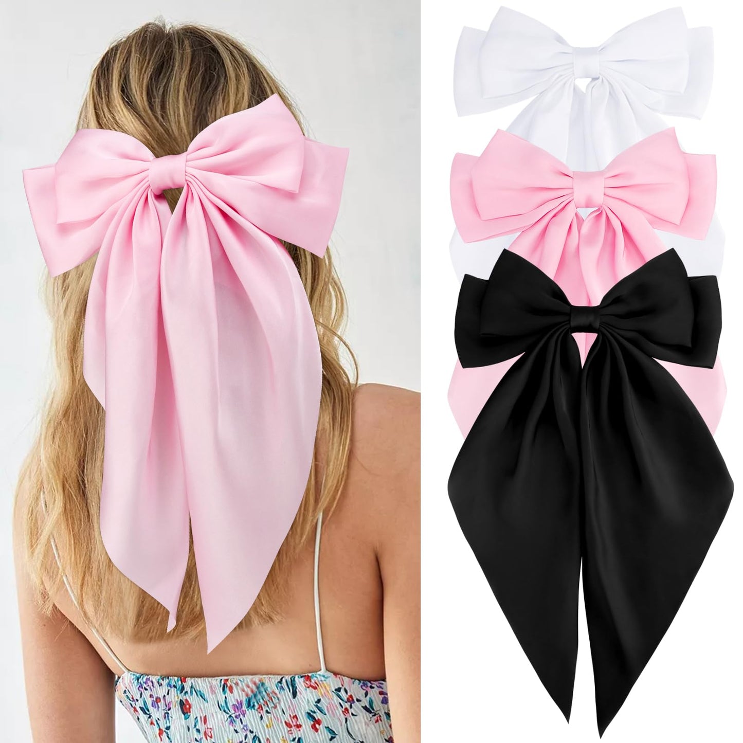 Velscrun Hair Bows for Women Girls 3Pcs White Pink Black Silky Satin Large Bows Hair Clip Oversized Hair Ribbons Long Tail Big Hair Bows Accessories