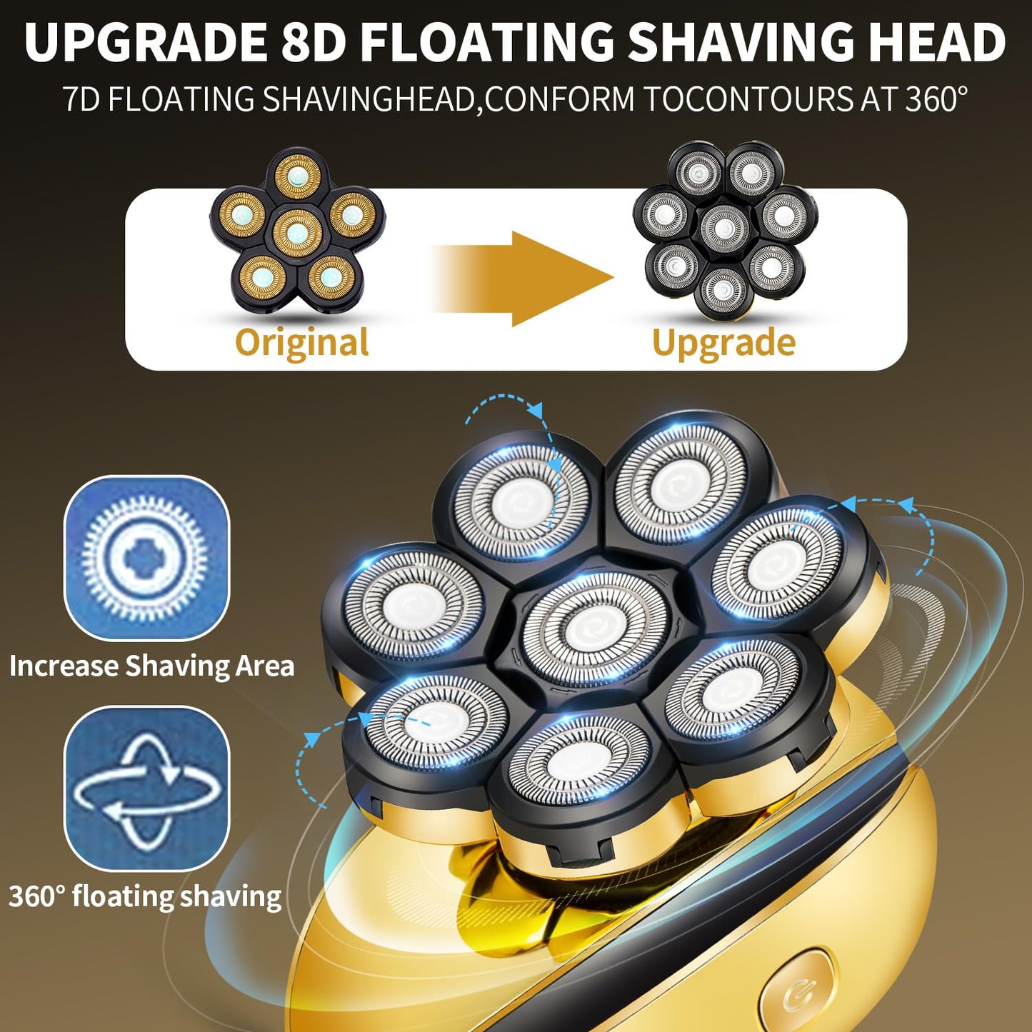 VOTMONI 8D Head Shavers for Bald Men Electric Razor for Men Multifunctional Grooming 5 in 1 Wet Dry Rotary Shavers & Nose Ear Hair Trimmer Clippers Kit Rechargeable Rotary Shaver with LED Display