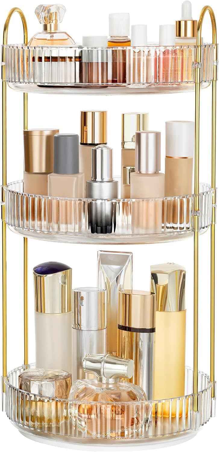 HBlife 360° Rotating Makeup Organizer, 3 Tier Spinning Perfume Skincare Organizer Large Capacity Cosmetic Storage for Bathroom, Vanity, Countertop, Clear