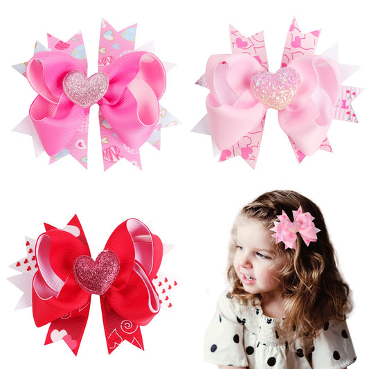 3Pcs Valentine's Day Bows Clips Mother's Day Hair Bows Gift Pink Bowknot Love Heart Pattern Headwear Hairpin Alligator Clips Bows for Girls Toddlers Kids Womens (Valentine's Hair Bows - 5)