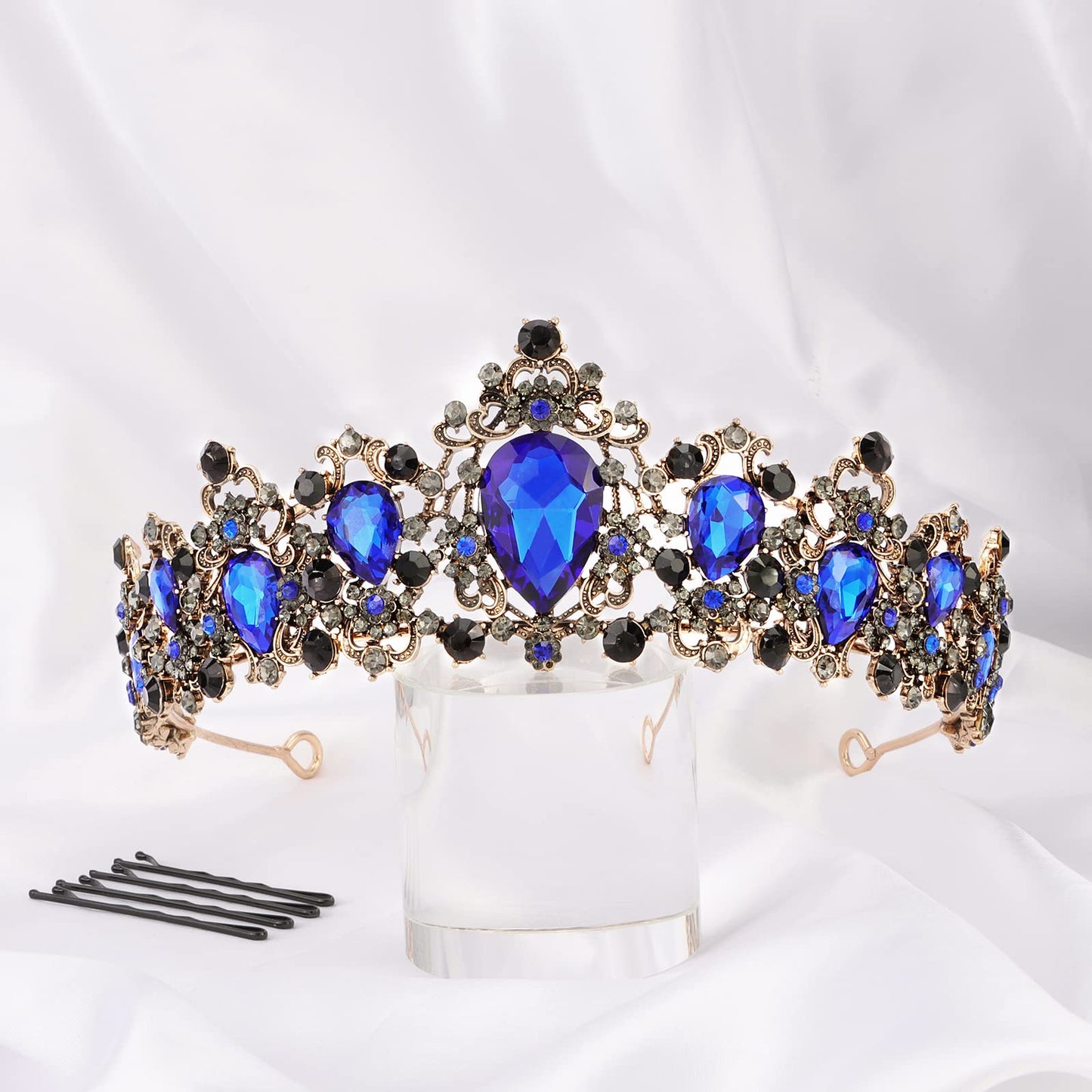 CIEHER Blue Crown Blue Tiara Prom Crown Tiaras Gothic Blue and Black Crowns for Women Girls Vintage Tiara Evil Queen Crown Princess Crown Luxury Rhinestone Blue Crown for Birthday Quinceanera Prom