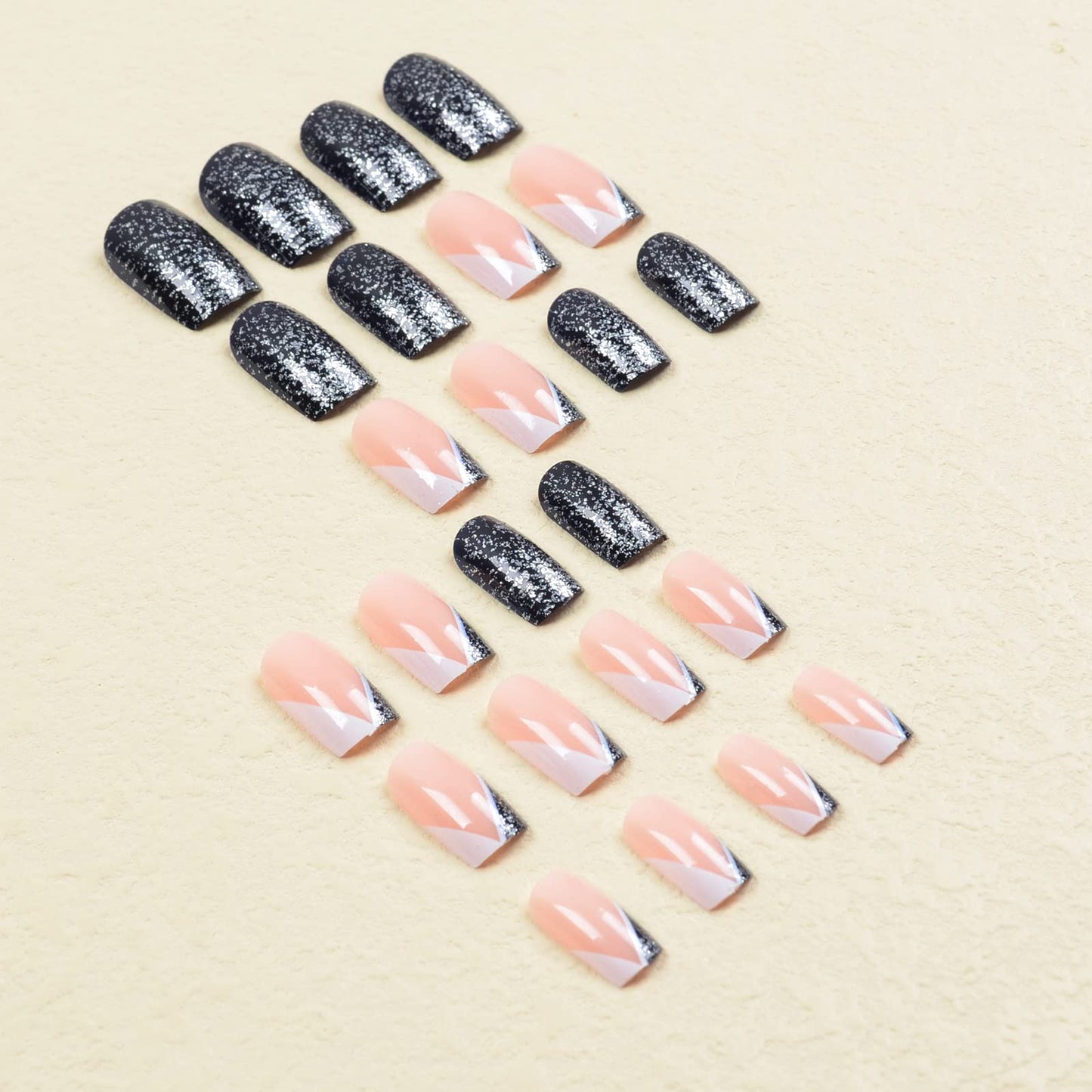 24Pcs Short Press on Nails with Designs, Full Cover Square Shaped Fake Nails Black White V-Shaped French Tip False Nails Silver Glitters Glue on Nails Glossy Acrylic Nails for Women Girls Nail Art