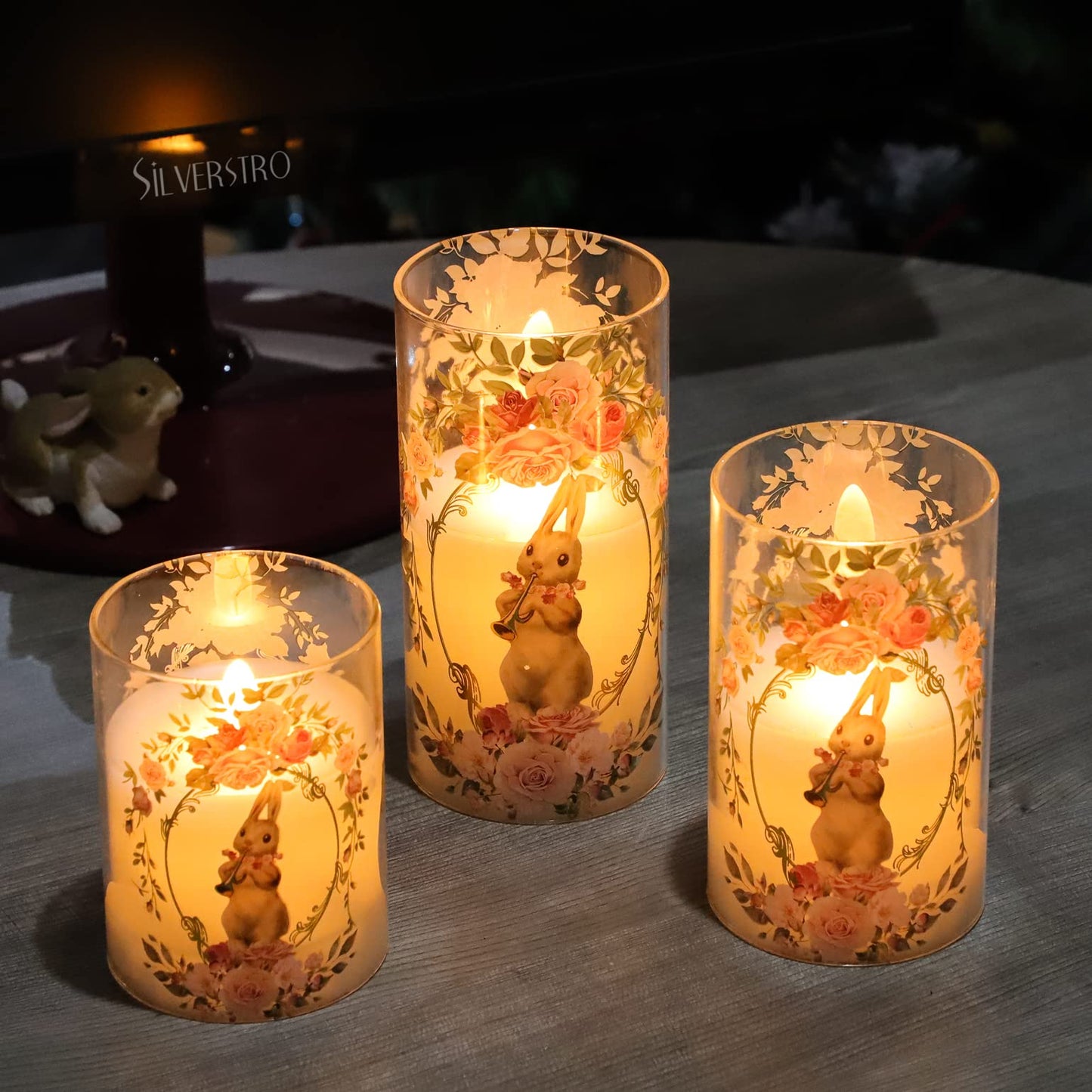 Silverstro Bunny Flameless Candles with Remote Flickering Glass Rabbit LED Candles for Home Wedding Party Easter Holiday Thanksgiving Decor - Pack of 3