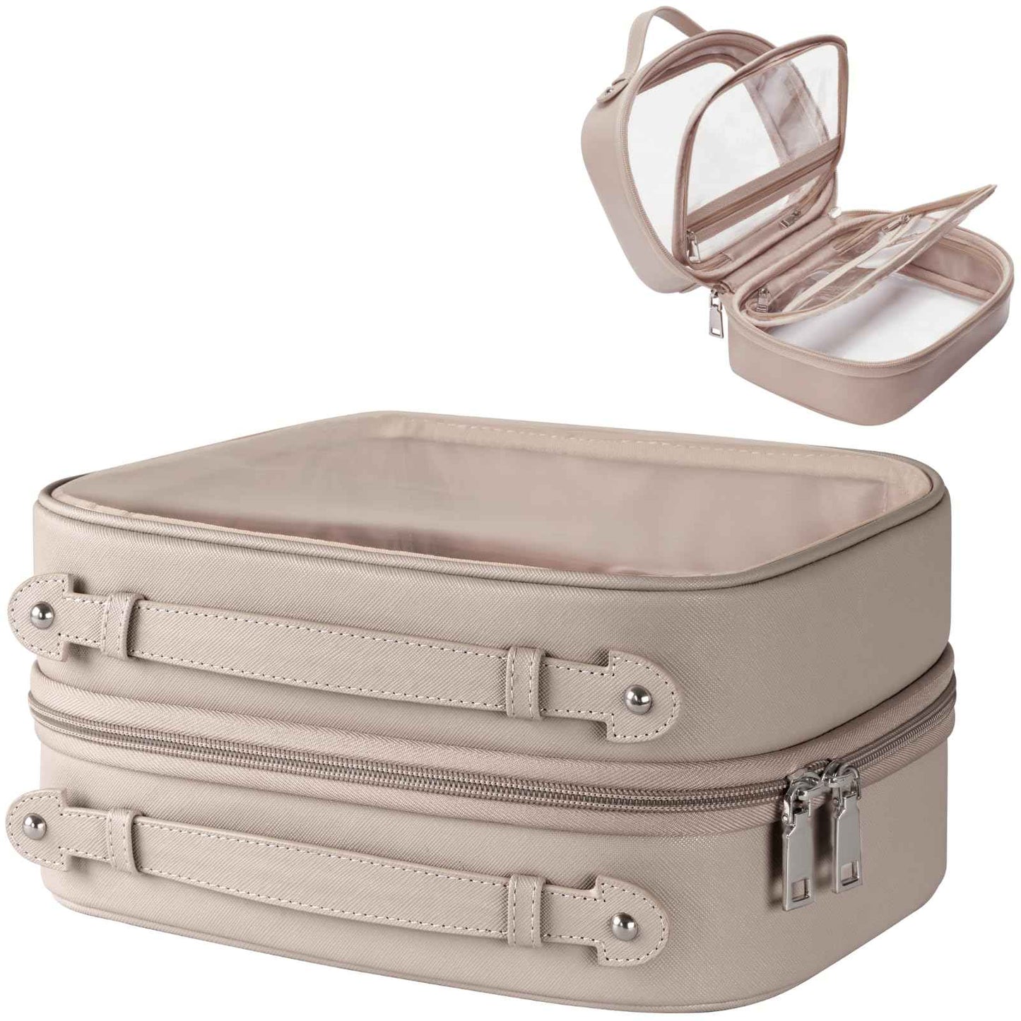 Oaque Clear Cosmetic Bag Double Layer Travel Toiletry Bag Clear Makeup Bag Case with 4 Compartments, Transparent Travel Bag for Toiletries, Large Toiletry Bag for Women Cosmetic Case (Taupe, Large)