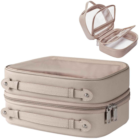 Oaque Clear Cosmetic Bag Double Layer Travel Toiletry Bag Clear Makeup Bag Case with 4 Compartments, Transparent Travel Bag for Toiletries, Large Toiletry Bag for Women Cosmetic Case (Taupe, Large)