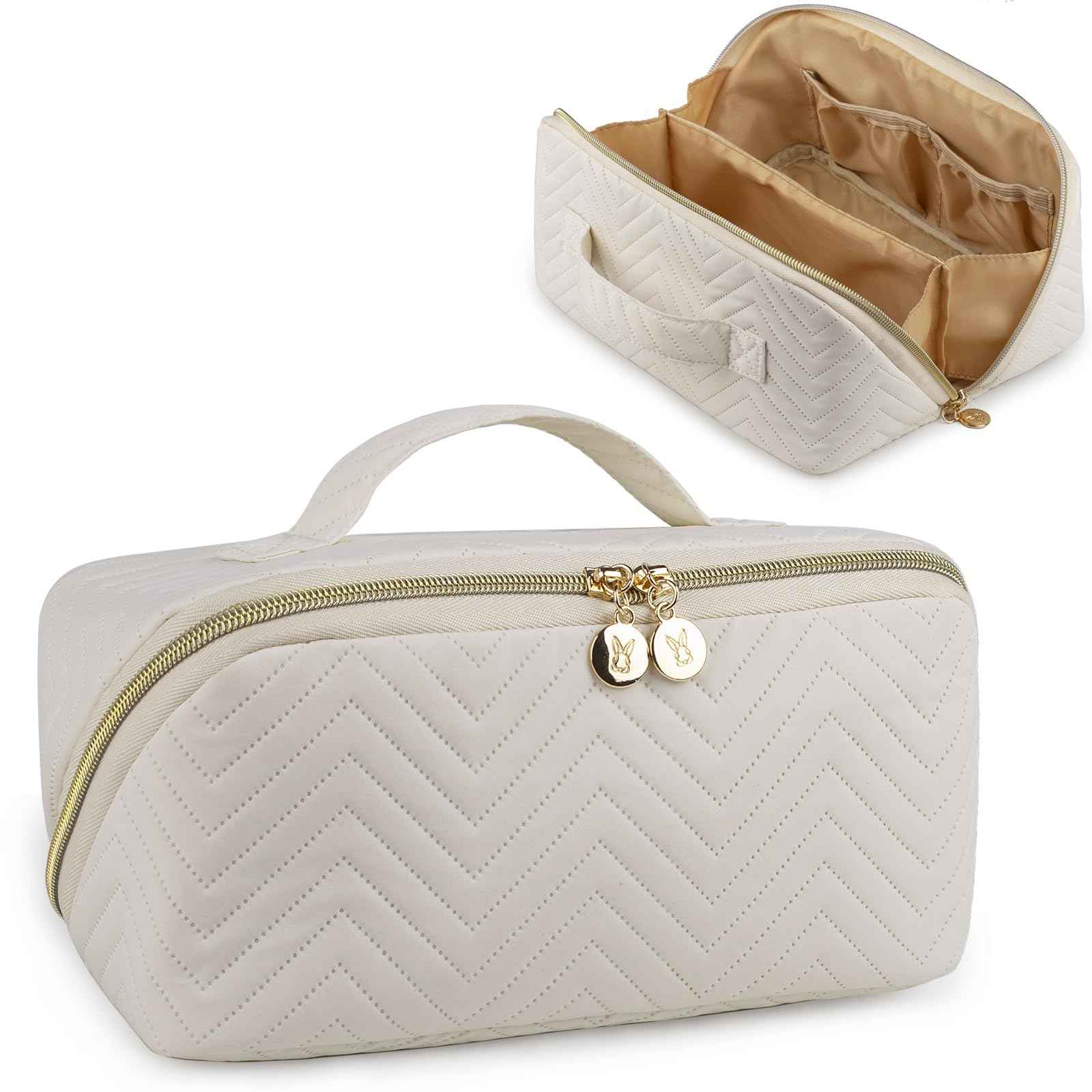 Bunnychill Makeup Bag Cosmetic Bag, Large Capacity Travel Makeup Bag for Women with Portable Pouch Open Flat Water-resistant Toiletry Organizer Bag with Handle (Beige)