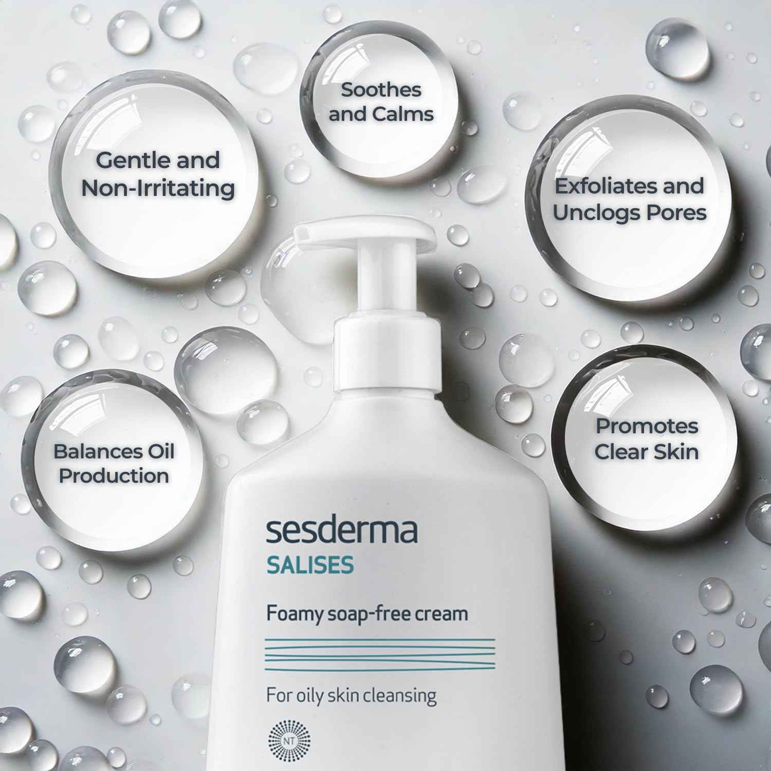 Sesderma SALISES Foamy Soap-Free Cream, Gentle Face Wash for Oily & Acne-Prone Skin, Salicylic Acid Pore Cleanser, 8.5 fl oz