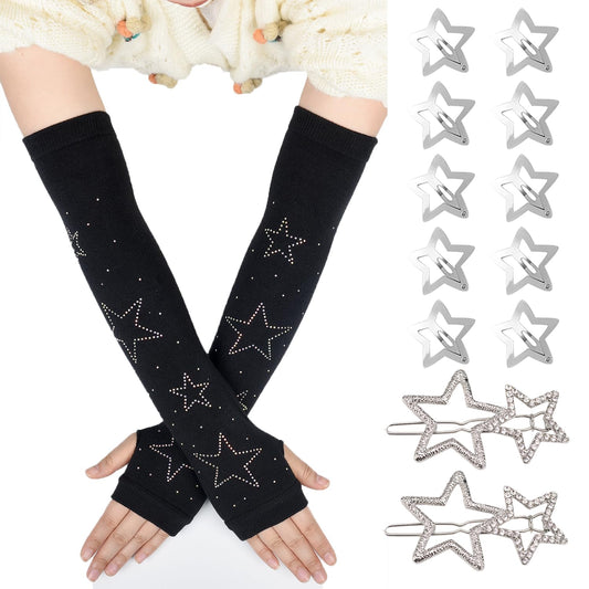 Dailyyart Rhinestone Knitted Arm Warmer，Star Hair Clips Gothic Punk Fingerless Arm Warmers for Girls Women Night Club (Black)