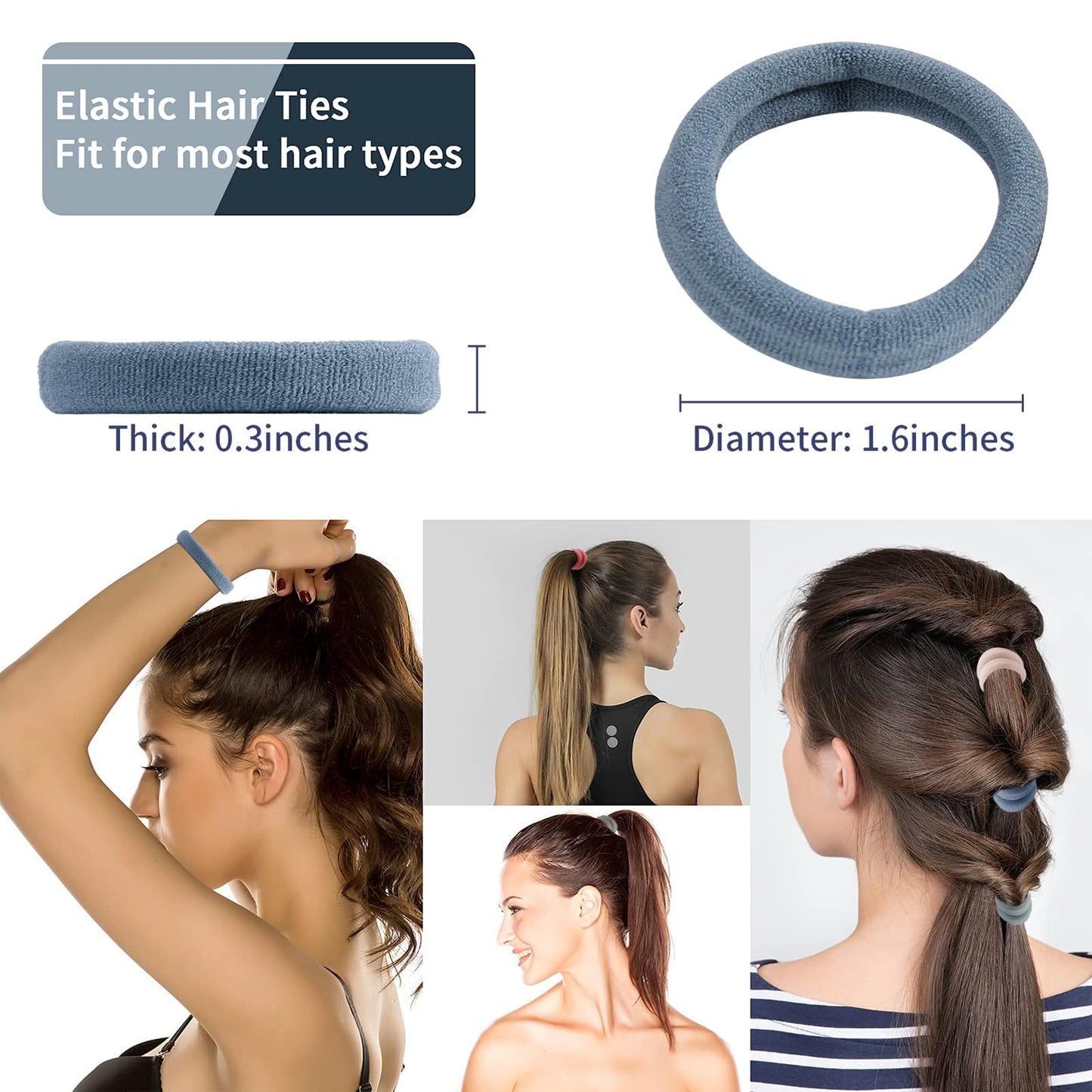 100PCS Seamless Cotton Hair Ties, Soft Elastic Ponytail Holders for Thick and Thin Hair, No Damage, Lake Blue Color