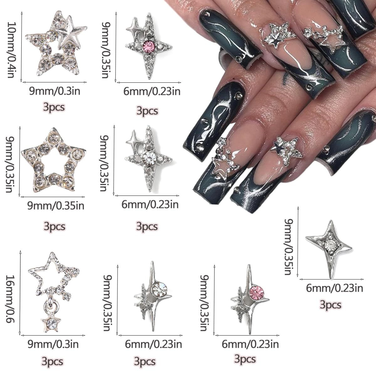 LRKNNO Shiny Silver Star Nail Charms, 3D Alloy Stars Nail Rhinestones Starlight Star Nail Gems for Acrylic Nails Y2K Metal Nail Supplies Star Nail Art Jewels Accessories for Women DIY Nails 24Pcs