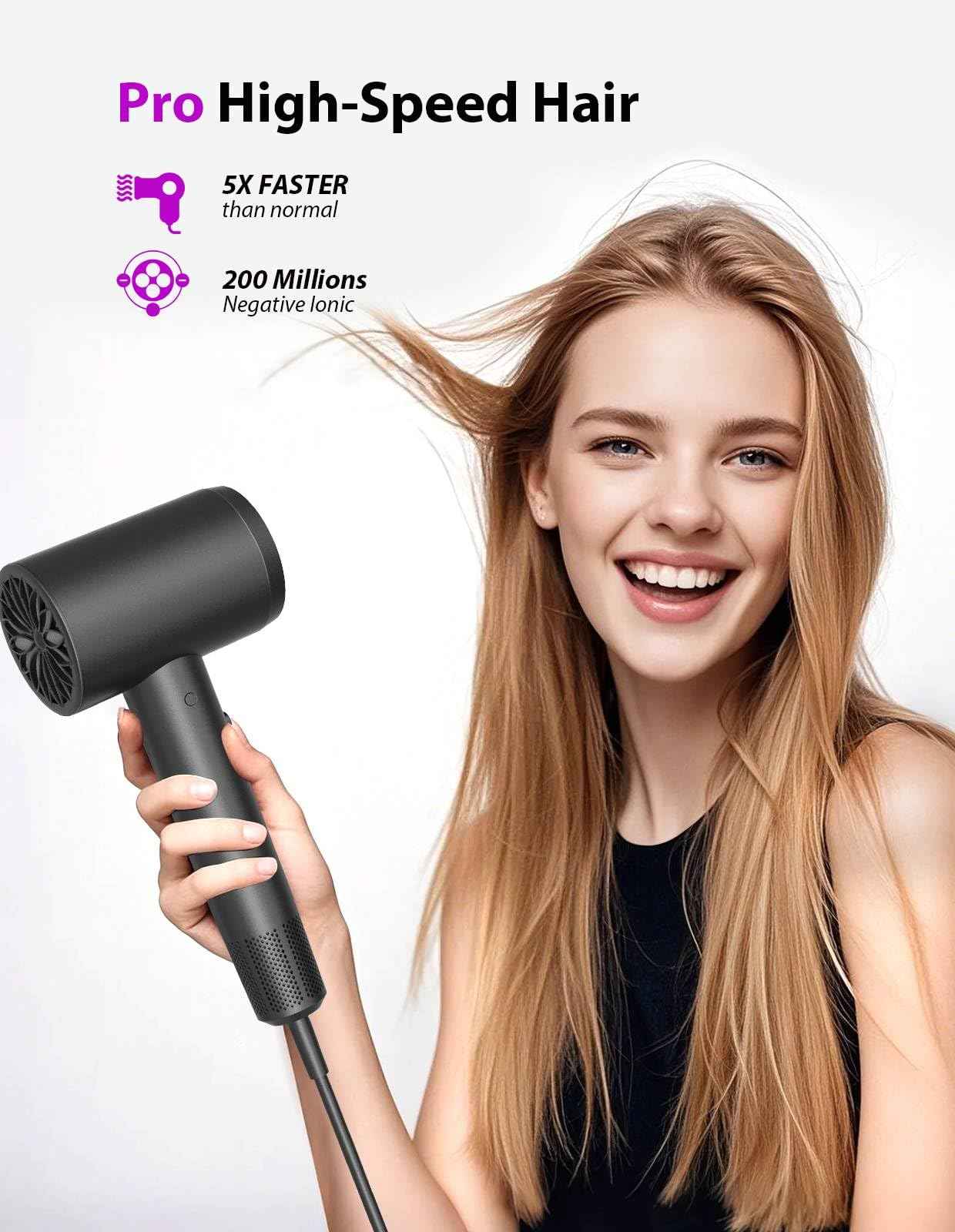 Hair Dryer, 3 Min Fast Drying-110000 RPM Professional High Speed Blow Dryer 200 Millions Negative Ionic Care Hair Dryer, Low Noise Thermo-Control Hairdryer, Travel with Secure Lock Nozzle (Black)