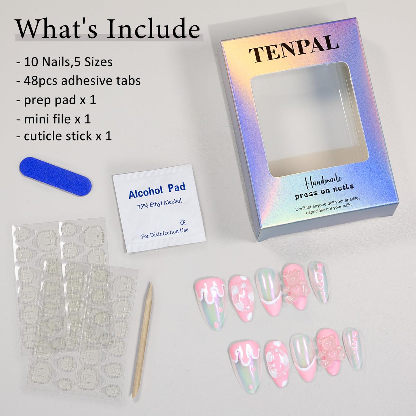 TENPAL French Tip Press on Nails Aurora Pink Gel Fake Nails With Glue Handmade False Nails With Bear Charms Lovely Sweet Cute Nails Press ons For Women Girls 10pcs/Box Short Almond Nails Summer(S)