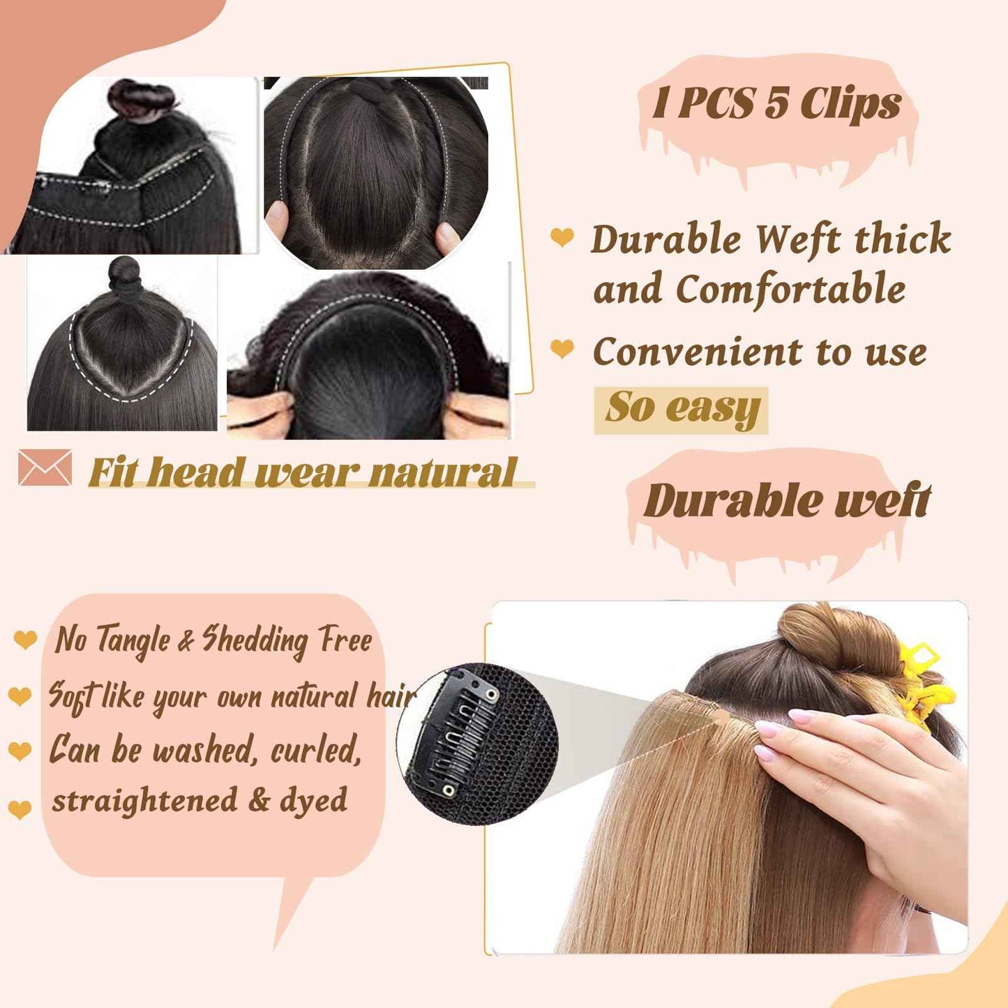Clip in Hair Extensions Real Human Hair,Jet Black One-piece Hairpieces with 5 Clips Double Weft Black Clip in Extensions 3/4 Full Head for Thin Hair Straight Clip in 16" 80g
