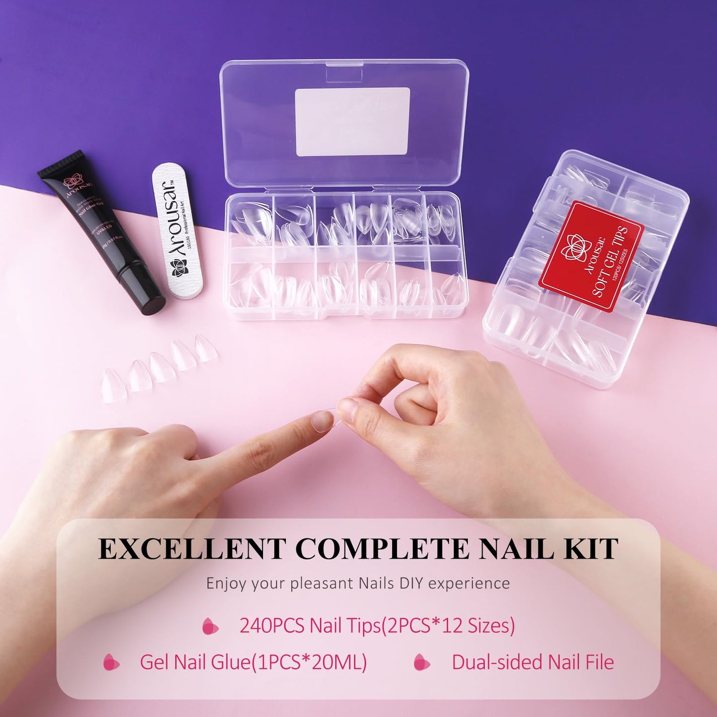 240pcs Nail Tips and 20ml Gel Glue Set, Semi-matte Full Cover Acrylic Nail Extension Kit in 12 x 2 Sizes, Short Almond & Short Square Press on Nail Tips for Spring Summer DIY Salon Gift