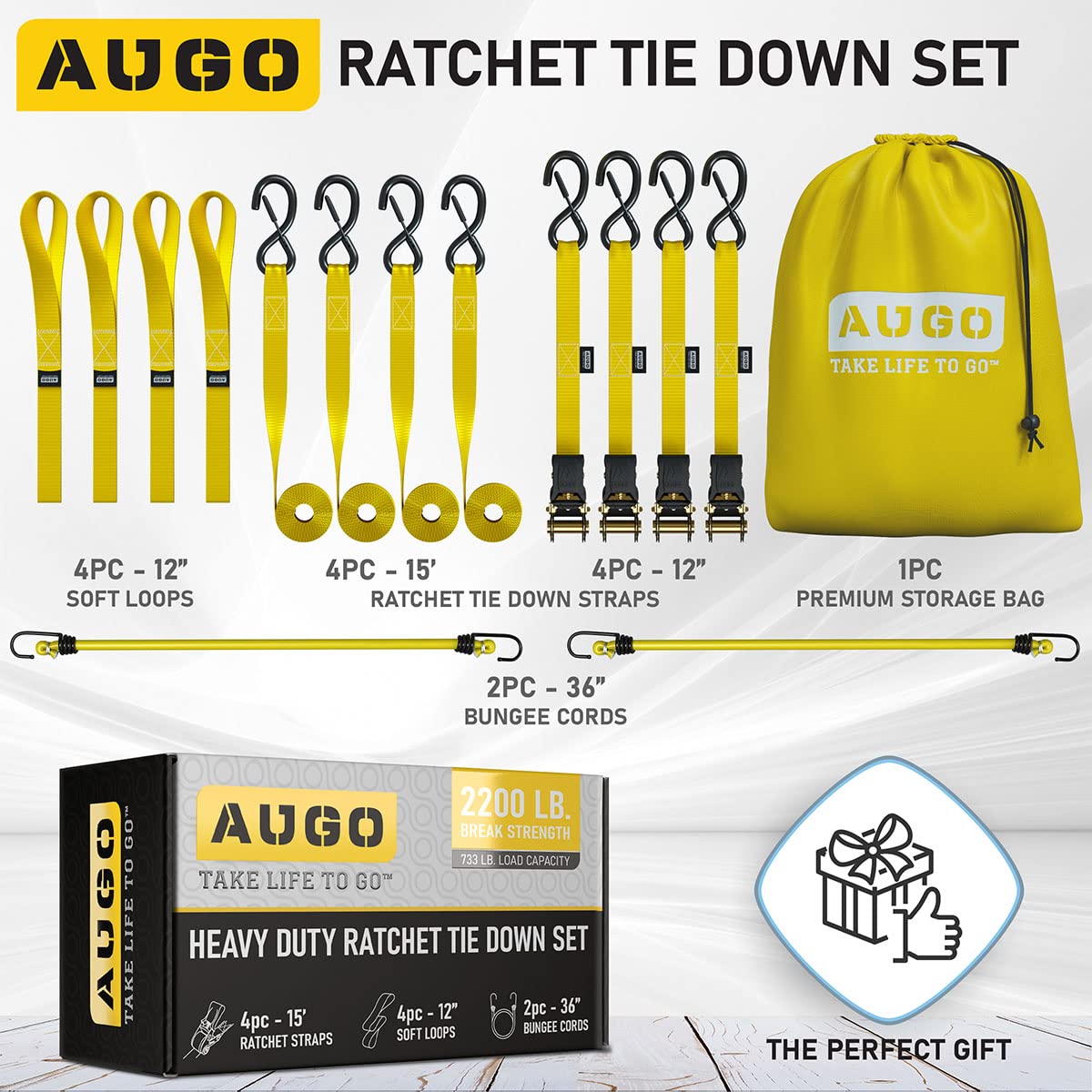 AUGO Ratchet Straps Heavy Duty 4 Pack -15 FT - 2200 LB Break Strength – Ratchet Tie Down Straps with Safety Lock S Hooks - Cargo Straps for Moving, Appliances, Motorcycle – Soft Loop Tie Down Straps