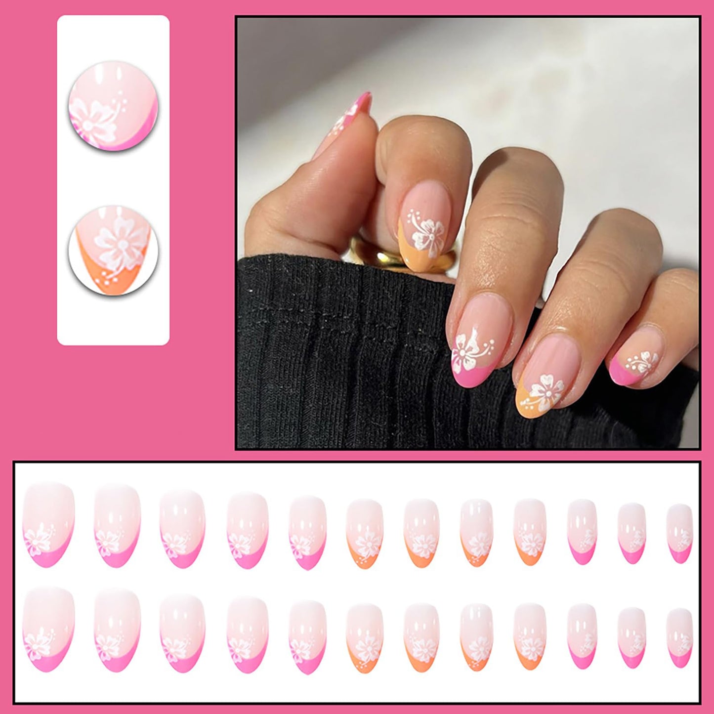 24Pcs Summer Press on Nails French Fake Nails Pink and Orange Nail Tip False Nails with Cute Flower Design Full Cover Glossy Acrylic Nails Stick on Nails for Women Girls Spring Summer Nail Art Decor