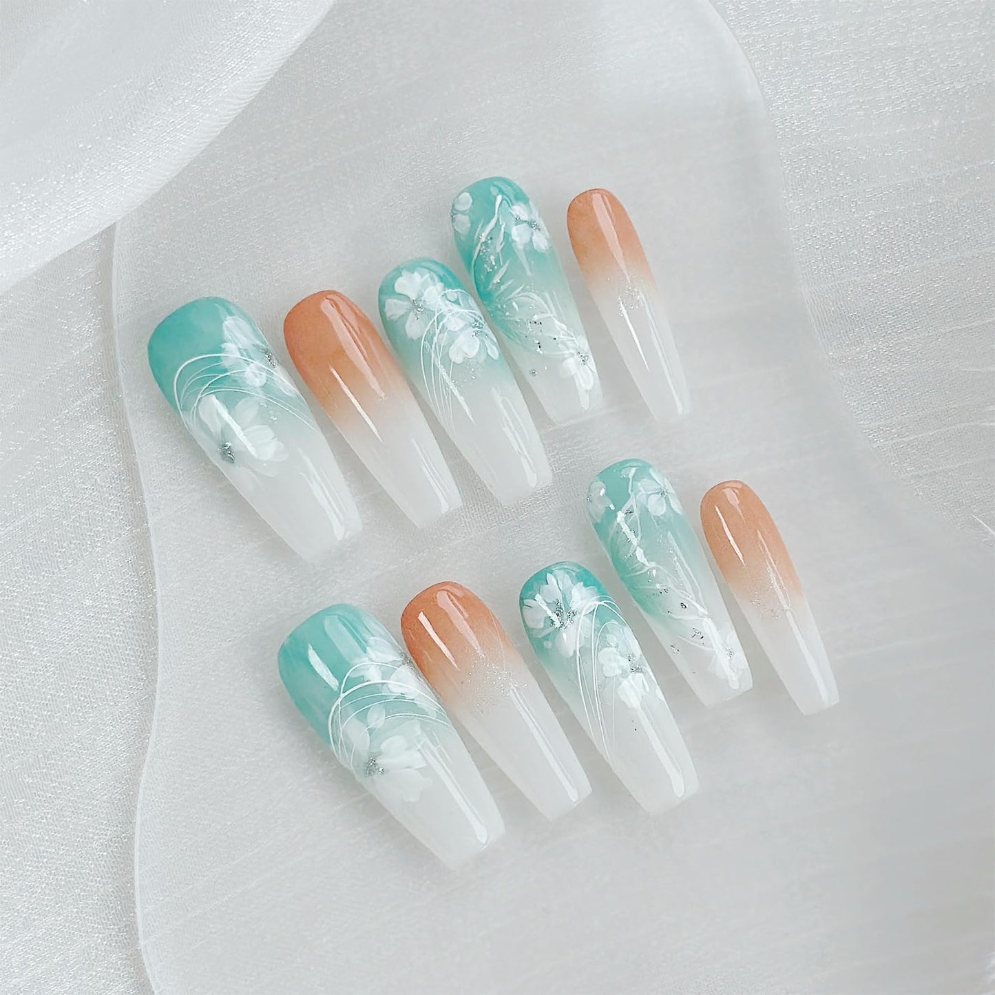 LARSOOY Nails Handmade Press on Nails Long Coffin | Hand Painted Nails with flowers Blooming | Reusable Fake Nails for Cool Summer | False Nails 10 Pcs (Dawn Walk,M)