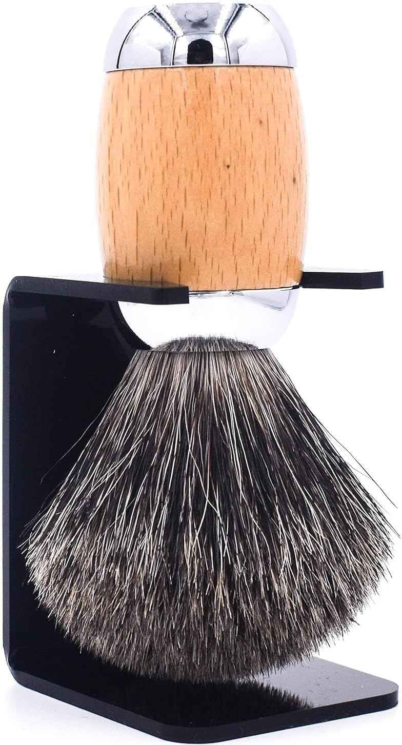 Taconic Shave 100% Mixed Badger Shaving Brush – Extra-Dense 22 mm Knot for Rich Lather, Beechwood & Chrome Ergonomic Handle + Lucite Stand Included