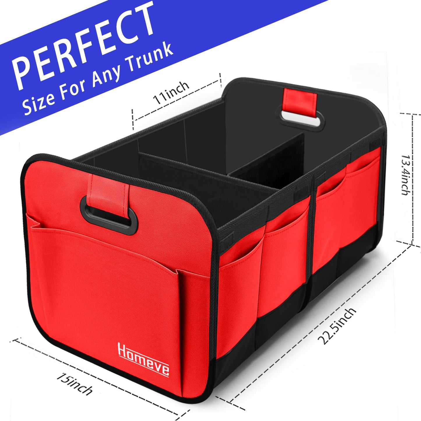 Homeve Trunk Organizer for Car, Car Storage, Reinforced Handles, Collapsible Multi-Compartment Car Organizers Foldable and Waterproof, 600D Oxford Polyester, Suitable for Any Car, SUV, Mini-Van, Red