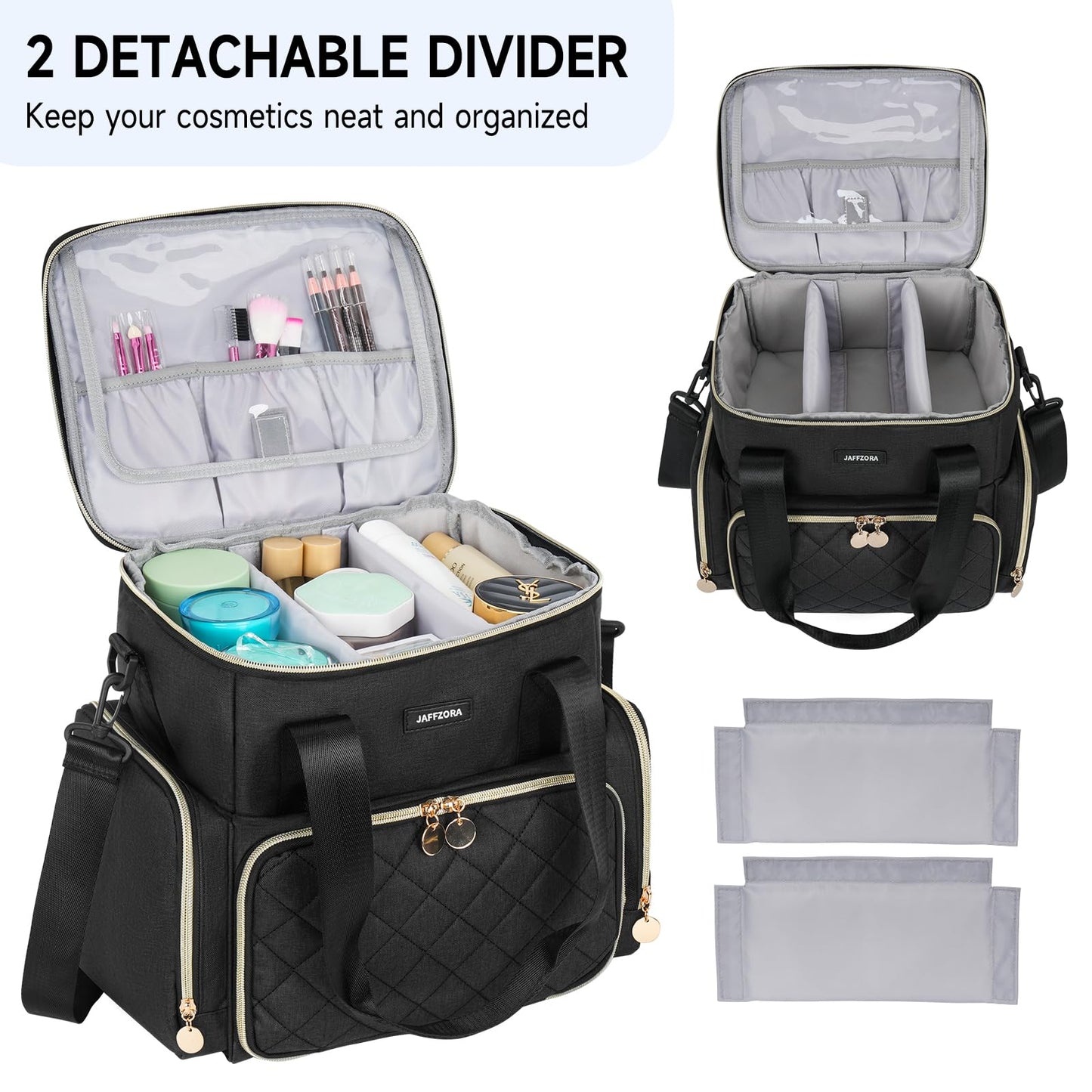 Jaffzora Extra Large Makeup Bag with 3 Removable Cases, Double Layers Travel Cosmetic Storage Organizer Bag with Detachable Dividers, Black