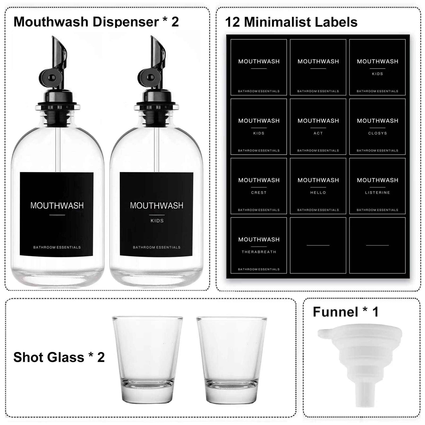 HomeFeel Black Glass Mouthwash Dispenser with Cups, 12.7 oz, 2 Pack - Clear Mouthwash Bottle with 304 Stainless Steel Spout & Minimalist Labels, Style Mouthwash Container for Bathroom