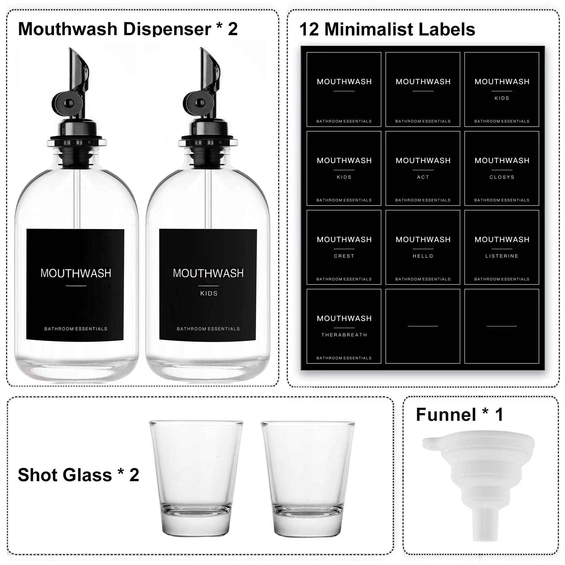HomeFeel Black Glass Mouthwash Dispenser with Cups, 12.7 oz, 2 Pack - Clear Mouthwash Bottle with 304 Stainless Steel Spout & Minimalist Labels, Style Mouthwash Container for Bathroom