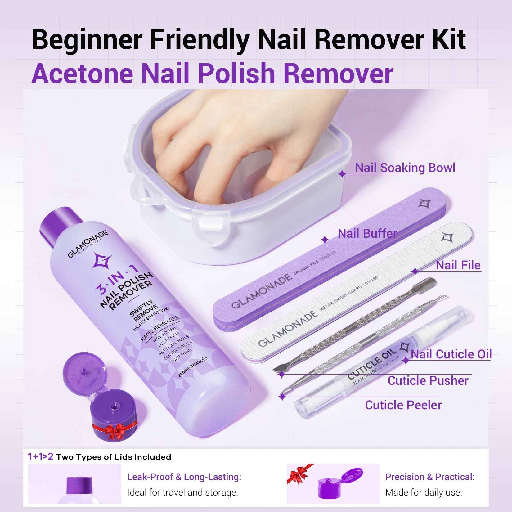 Glamonade Acetone Nail Polish Remover Kit: Soak off Gel Polish Remover Includes Nail File, Nail Buffer Block, Cuticle Pusher, Cuticle Peeler, Nail Polish Soak Off Bowl & Cuticle Oil(8 Fl.Oz.)