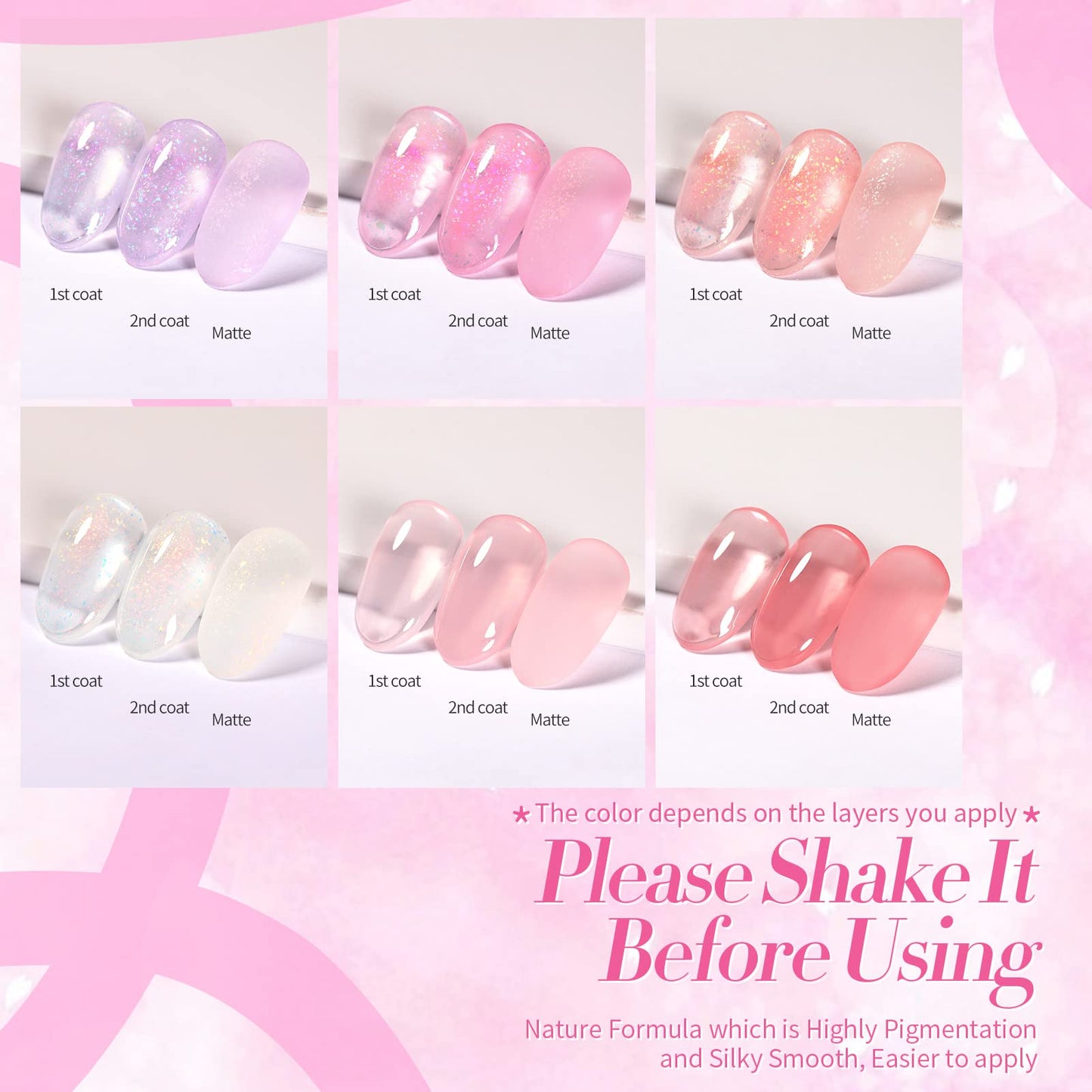 BORN PRETTY Jelly Gel Nail Polish Set Sheer Nude Pink Crystal Transparent Shimmer Sequins Art Varnish Manicure Collection Gift 10ML 6PCS