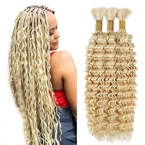 #613 Blonde Human Braiding Hair Deep Wave Bulk 18 18 18 Inch Human Hair Weave 3 Bundle Unprocessed Brazilian Virgin Hair Honey Blonde Deep Curly Braiding Hair Extensions 50 Grams/Bundle