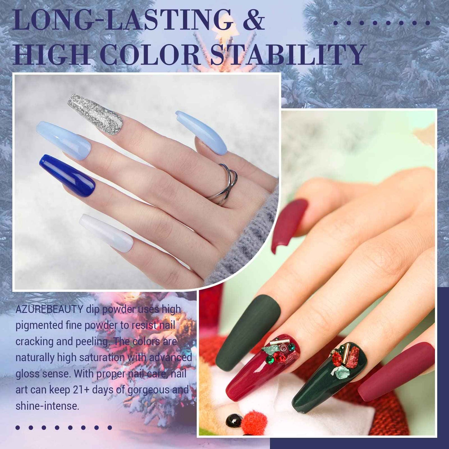 AZUREBEAUTY 42Pcs Dip Powder Nail Kit Starter, 32 Colors Green Nude Brown Blue Christmas Dipping Powder Set with Top/Base Coat & Recycling Tray for French Art Manicure Salon