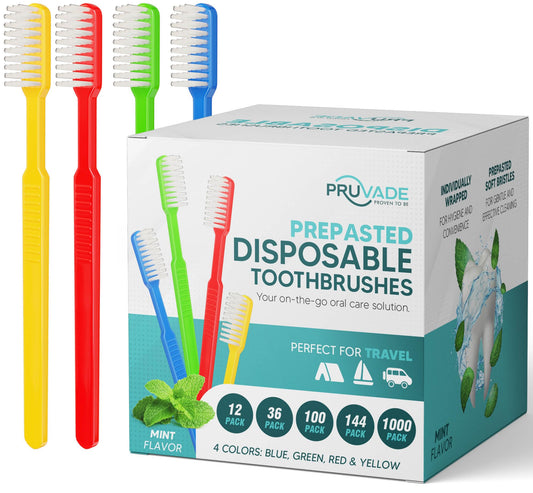 Pruvade 144 Pack Disposable Toothbrushes with Toothpaste, Built in - Prepasted Toothbrushes Individually Wrapped |Single Use Waterless Tooth Brush with Soft Bristles for Hotel, Camping, Travel