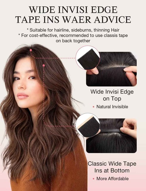 DOORES Invisi Edge Seamless Tape in Wide Hair Extensions Human Hair, Natural Black 4PCS Injection Tape ins 20g 20 Inch, 3 Inch Wide Injected Natural Virgin Human Extensions Invisible