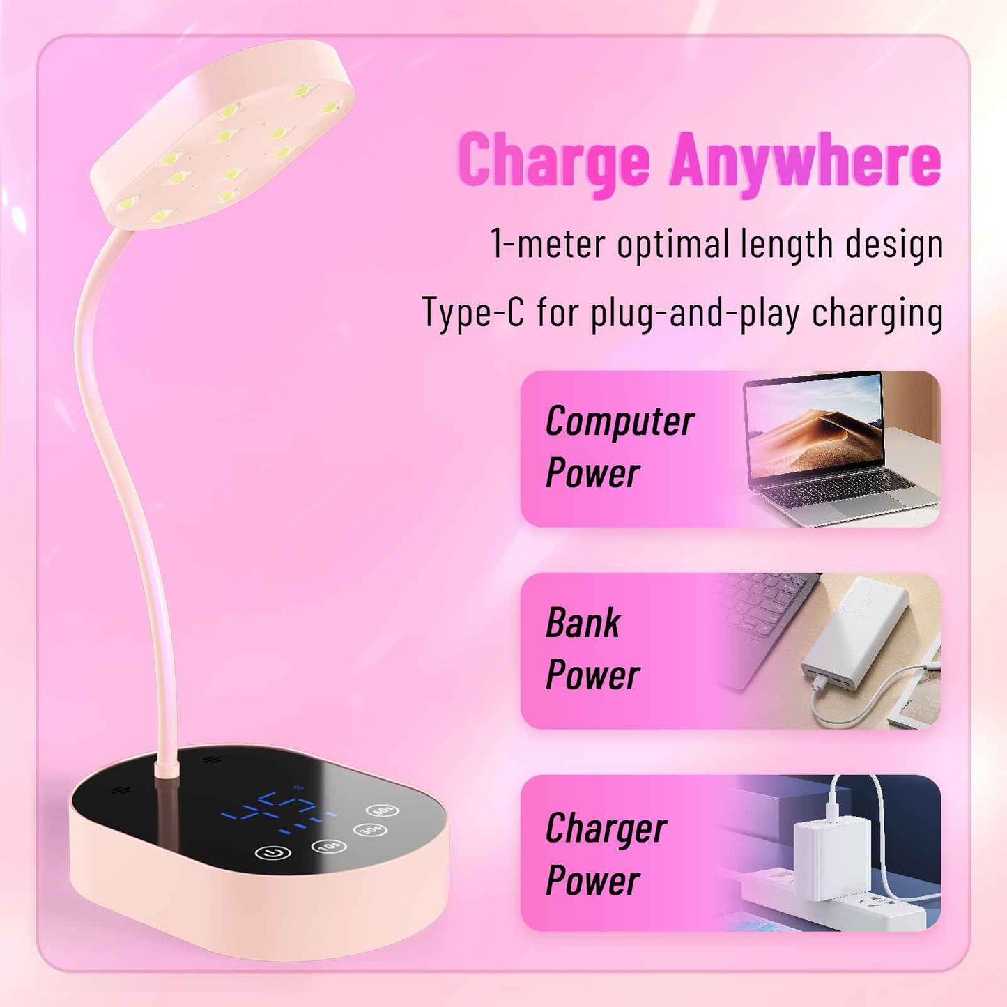 TCHMCITY UV Nail Lamp, 72W Mini Cordless Gel x Nail Lamp Flash Cure, Auto Sensor Gooseneck Portable USB Gel Nail Dryer U V Light with 3 Timers and LCD Display for Home DIY