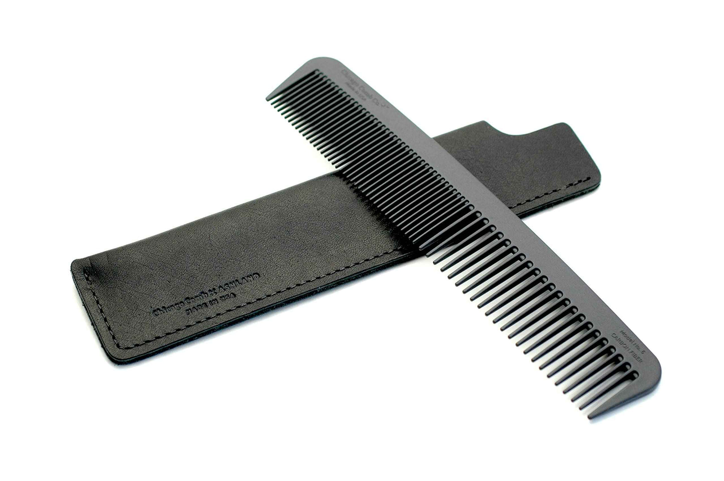 Chicago Comb Model 6 Carbon Fiber Comb + Dublin Black Horween leather sheath, Made in USA, ultimate styling comb, for men & women, smooth strong & light, anti-static, American-made leather case