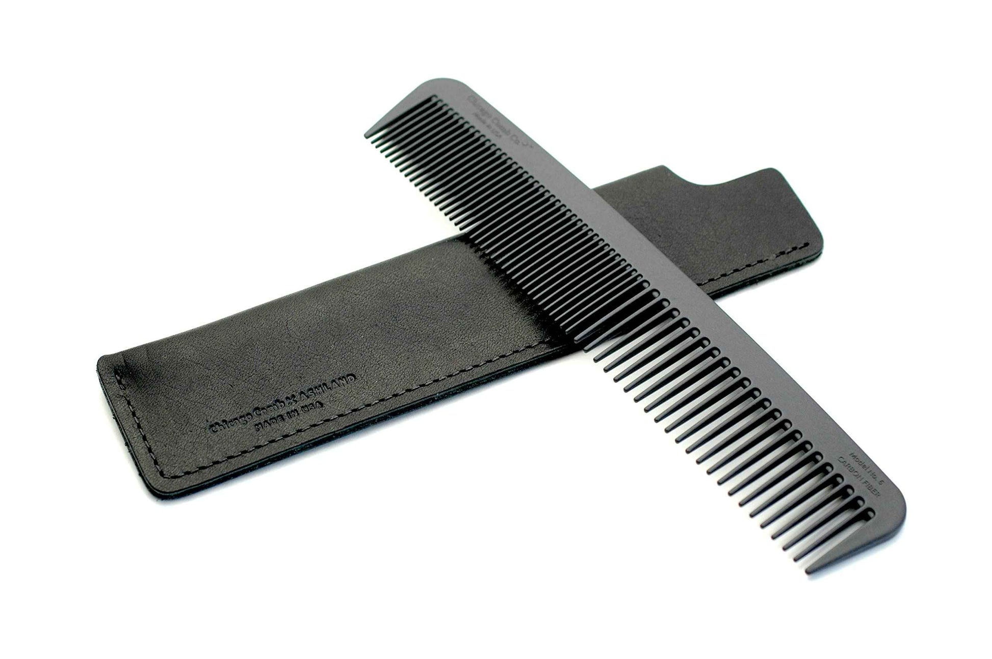 Chicago Comb Model 6 Carbon Fiber Comb + Dublin Black Horween leather sheath, Made in USA, ultimate styling comb, for men & women, smooth strong & light, anti-static, American-made leather case