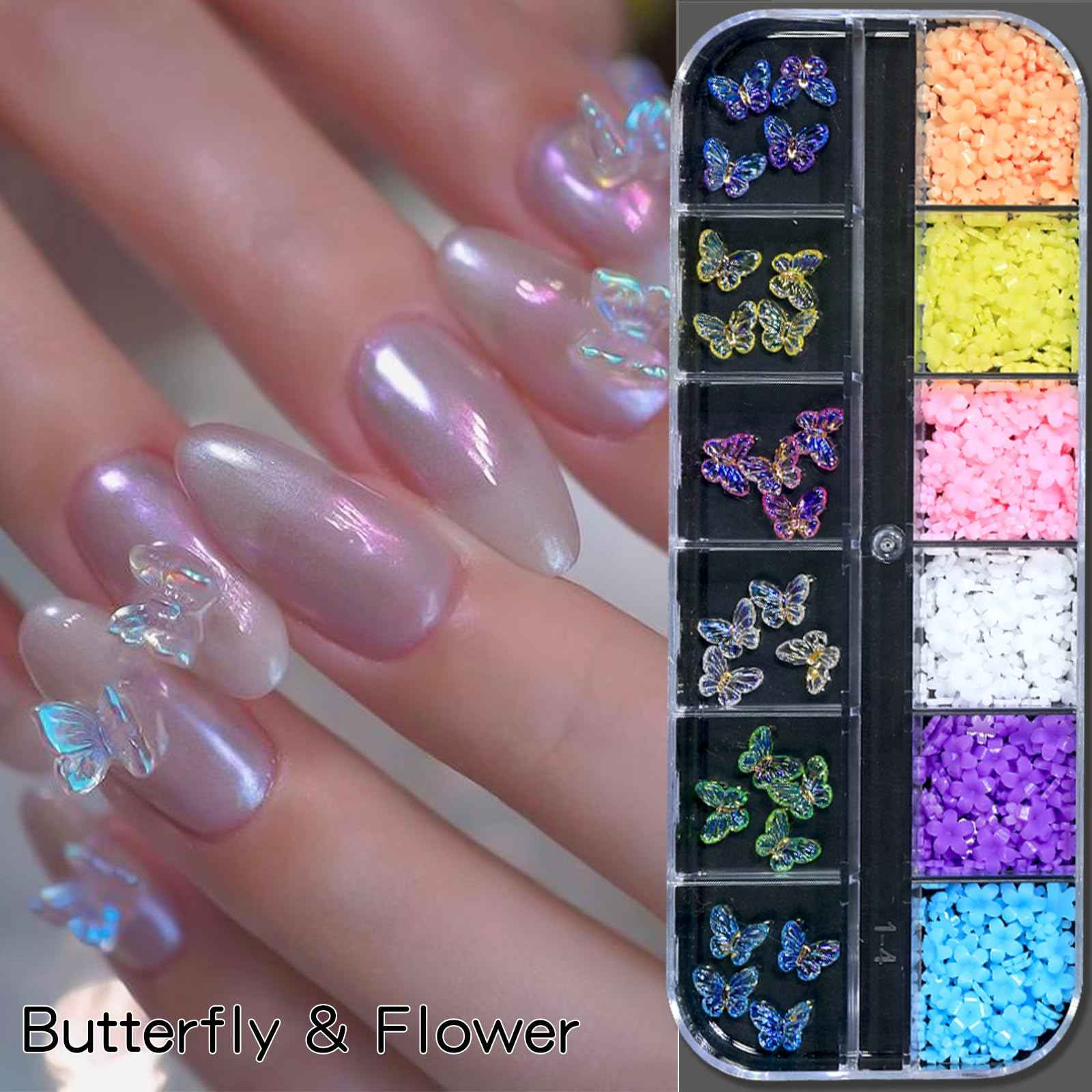 HNUIX Nail Charms - Nail Rhinestones Kit with 6 Boxes of Nail Gems, 3D Charms for Nails, Colorful Clear Flatback Gems, Pearls,Butterfly, Bow, Flowers, Caviar Beads, Multi Shape Crystals for Craft