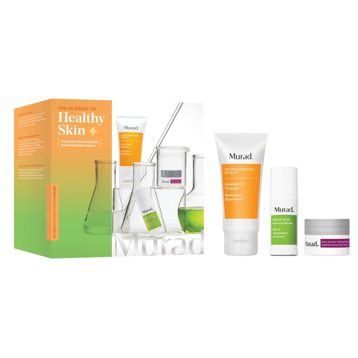 Murad Top 3 Derm-Recommended Actives - 3-Piece Trial Kit ($61 Value) - Daily Skincare Regimen - Ess-C Cleanser 2Fl Oz, Retinol Serum 0.33Fl Oz, Hydro Dynamic Moisturizer 0.25Fl Oz