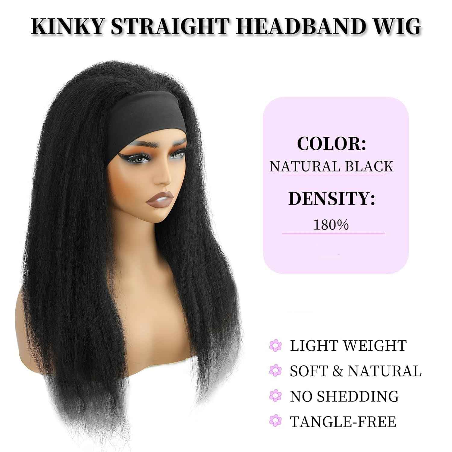 Kinky Straight Headband Wig 16 Inch Human Hair Headband Wigs for Black Women Glueless Yaki Straight Human Hair Headband Wigs Natural Black color