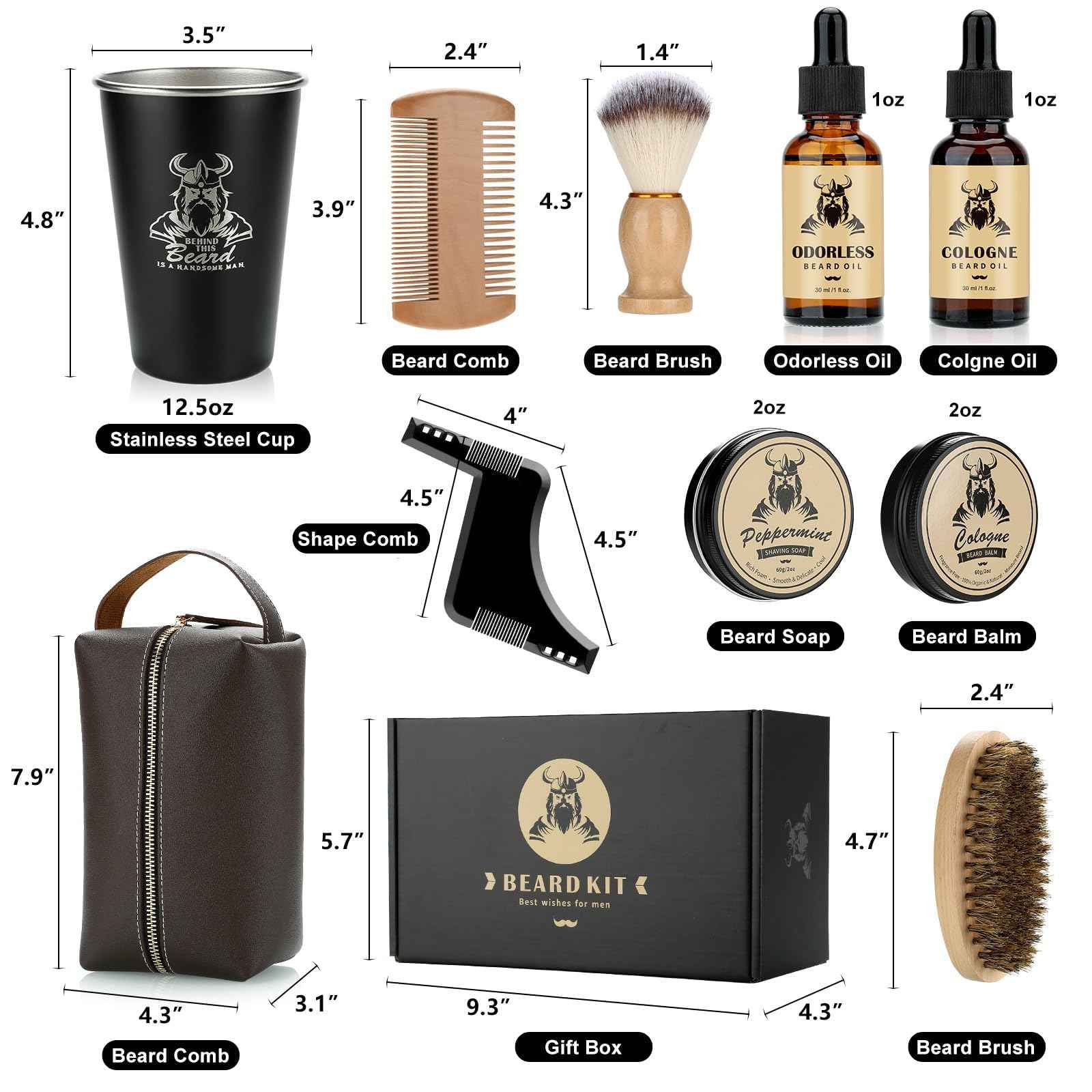 Beard Kit Gifts for Men, Father's Day Birthday Gifts for Men Dad Him, Grooming & Trimming Tool Complete Set, Beard Care Kit with 2 Beard Growth Oil/Balm/Brush/Comb/Shaving Soap/Cup&Storage Bag