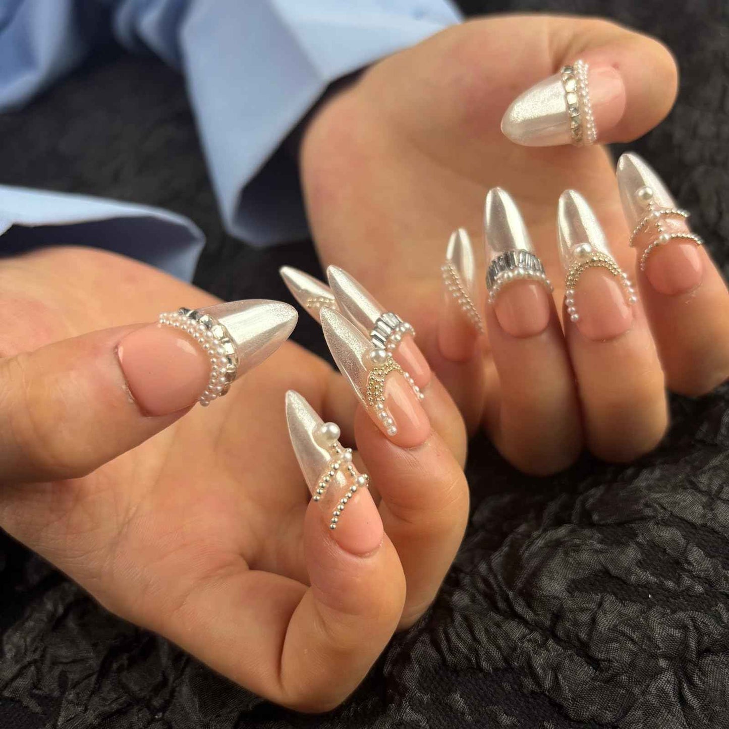 AKA Unicorn Trendy Handmade Press On French Nails Medium Almond Shape,10Pcs Thick Acrylic Fake Nails with 3D Pearl Cute Design Clip On Nail for Woman Gift (Design concept:French Tenderness)