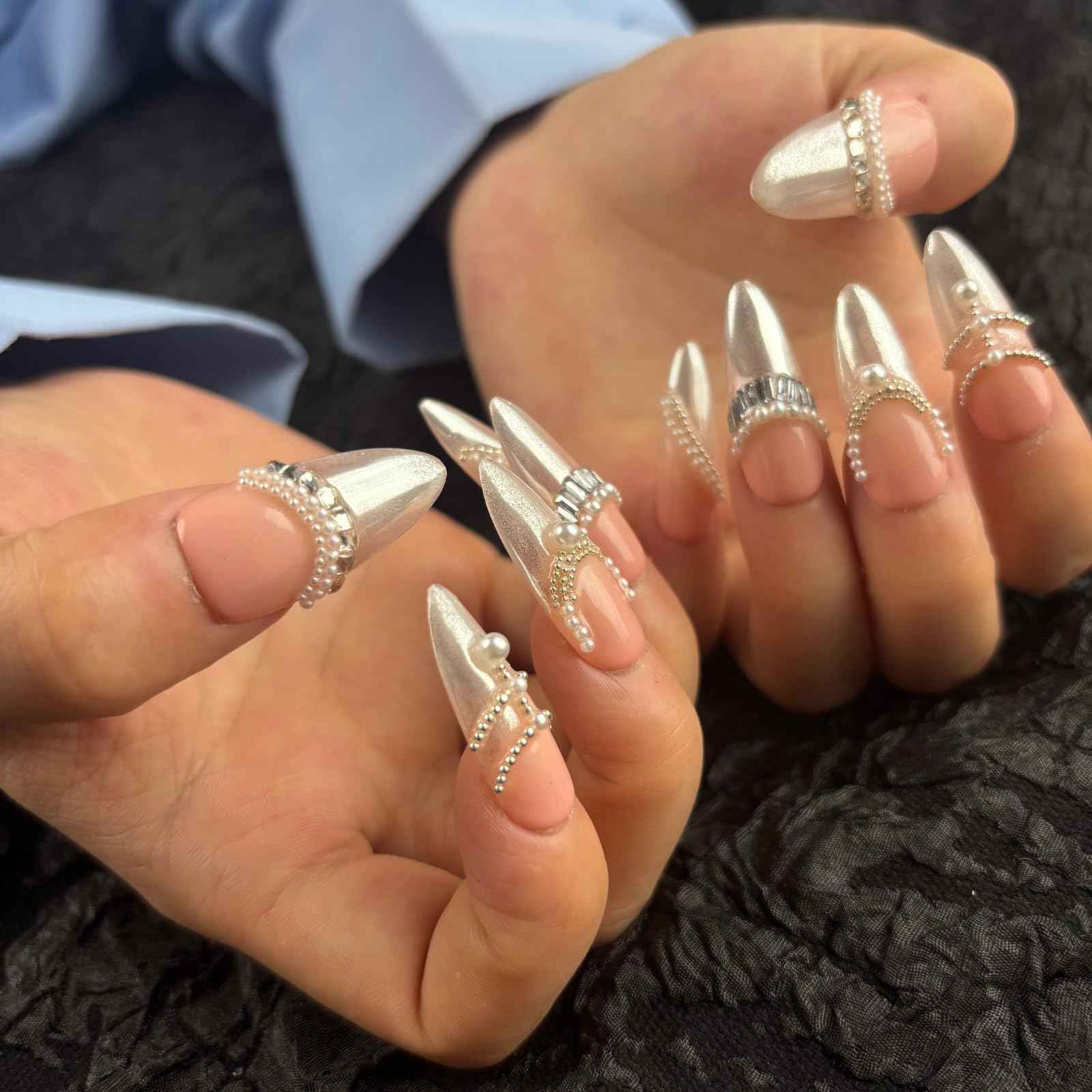 AKA Unicorn Trendy Handmade Press On French Nails Medium Almond Shape,10Pcs Thick Acrylic Fake Nails with 3D Pearl Cute Design Clip On Nail for Woman Gift (Design concept:French Tenderness)