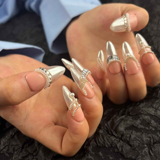 AKA Unicorn Trendy Handmade Press On French Nails Medium Almond Shape,10Pcs Thick Acrylic Fake Nails with 3D Pearl Cute Design Clip On Nail for Woman Gift (Design concept:French Tenderness)